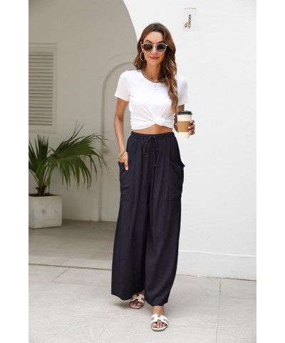 Womens Wide Leg Pants Boho Baggy Linen Pants Palazzo Beach Harem Pants with Pockets Navy $12.74 Pants