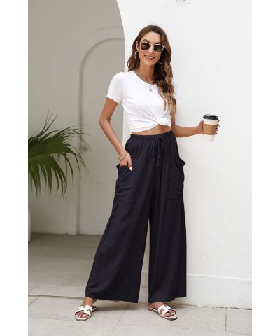 Womens Wide Leg Pants Boho Baggy Linen Pants Palazzo Beach Harem Pants with Pockets Navy $12.74 Pants