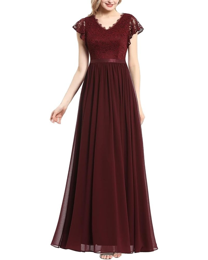 Women's V Neck Formal Dress Maxi Lace Chiffon Long Bridesmaid Wedding Gown Burgundy $23.92 Dresses