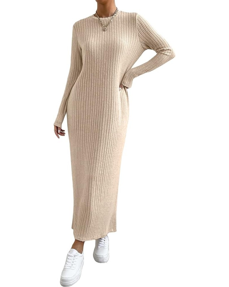 Women's Long Sleeve Dresses Casual Fall 2023 Maxi Dress Ribbed Knit Tunic T Shirt Dress Pure Apricot $20.24 Dresses