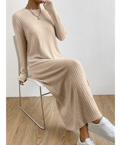 Women's Long Sleeve Dresses Casual Fall 2023 Maxi Dress Ribbed Knit Tunic T Shirt Dress Pure Apricot $20.24 Dresses