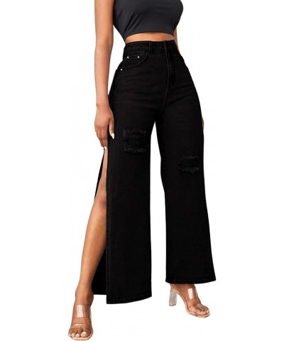 Women's Casual High Waisted Ripped Jeans Split Thigh Wide Leg Denim Pants Black $16.72 Jackets