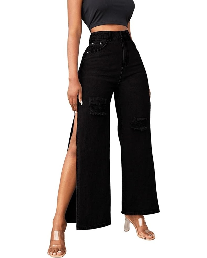 Women's Casual High Waisted Ripped Jeans Split Thigh Wide Leg Denim Pants Black $16.72 Jackets