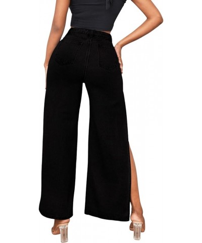 Women's Casual High Waisted Ripped Jeans Split Thigh Wide Leg Denim Pants Black $16.72 Jackets