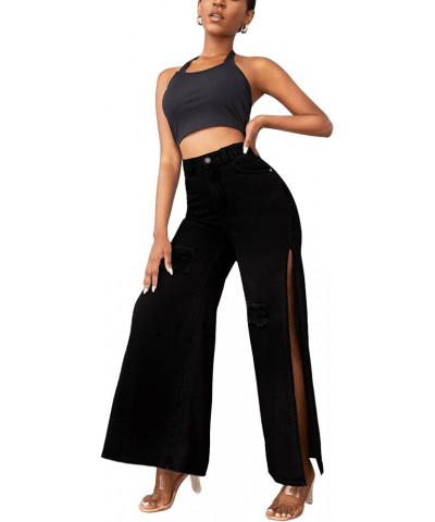 Women's Casual High Waisted Ripped Jeans Split Thigh Wide Leg Denim Pants Black $16.72 Jackets