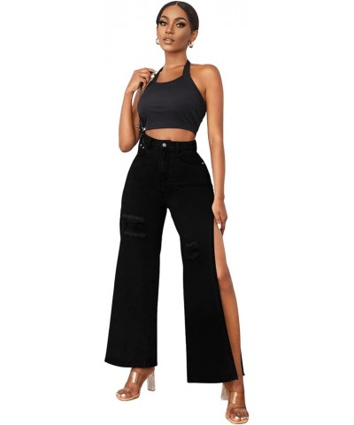 Women's Casual High Waisted Ripped Jeans Split Thigh Wide Leg Denim Pants Black $16.72 Jackets