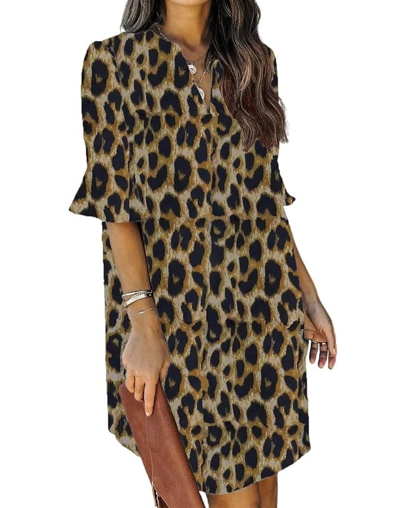 Womens V Neck Ruffle Short Sleeve Simple Solid Color Casual Summer Dress C-leopard Print $19.68 Dresses