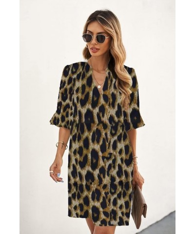 Womens V Neck Ruffle Short Sleeve Simple Solid Color Casual Summer Dress C-leopard Print $19.68 Dresses