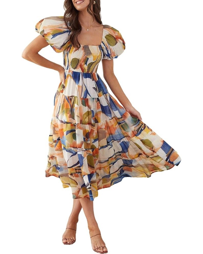 Women's Summer Boho Floral Print Midi Dress Square Neck Tiered Flowy Beach Long Dress Navy Print $33.59 Dresses