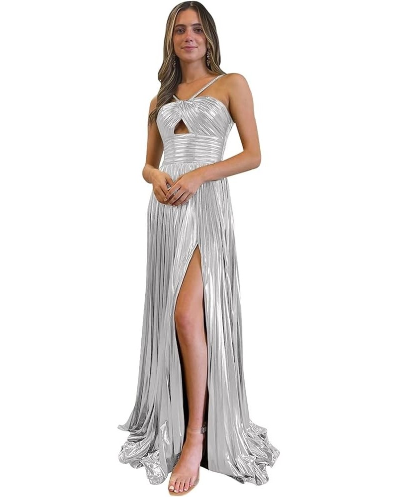 Prom Dresses for Women 2024 Sparkly Satin A Line Pleated Halter Formal Party Evening Gowns with Slit Silver $33.27 Dresses