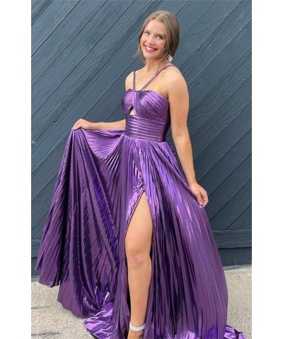 Prom Dresses for Women 2024 Sparkly Satin A Line Pleated Halter Formal Party Evening Gowns with Slit Silver $33.27 Dresses