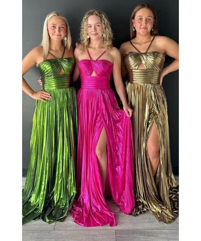 Prom Dresses for Women 2024 Sparkly Satin A Line Pleated Halter Formal Party Evening Gowns with Slit Silver $33.27 Dresses