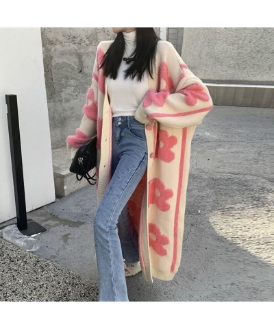 Women's Flower Pattern Long Sleeve Cute Cardigan Sweater Y2K Open Front Button Down Long Cardigan Outwear Pink-22 $26.22 Swea...