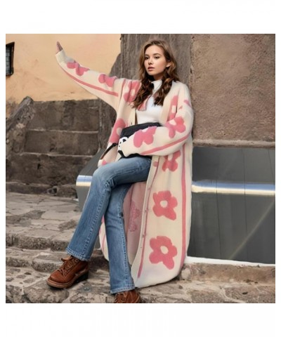 Women's Flower Pattern Long Sleeve Cute Cardigan Sweater Y2K Open Front Button Down Long Cardigan Outwear Pink-22 $26.22 Swea...