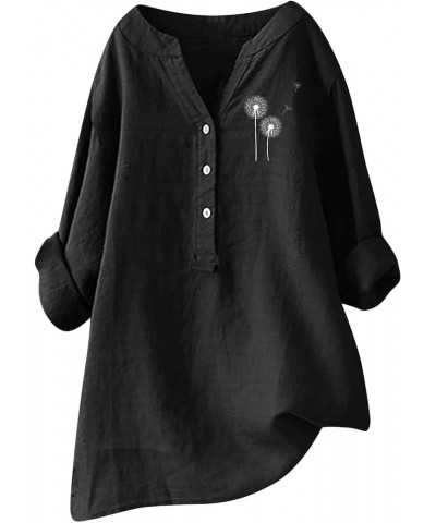 Linen Shirts for Women Long Sleeve Tunic Blouses Plus Size Solid Cotton Linen T Shirt V Neck Button Up Tees Shirts A07-black ...