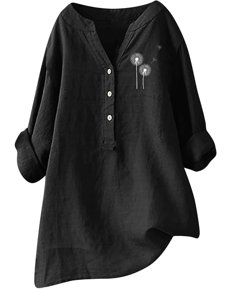 Linen Shirts for Women Long Sleeve Tunic Blouses Plus Size Solid Cotton Linen T Shirt V Neck Button Up Tees Shirts A07-black ...