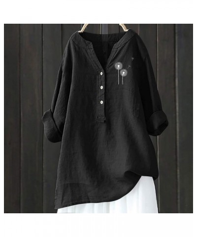 Linen Shirts for Women Long Sleeve Tunic Blouses Plus Size Solid Cotton Linen T Shirt V Neck Button Up Tees Shirts A07-black ...