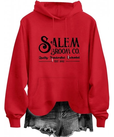 Salem Hoodies for Women Broom Co.quality.. Est 1692 Letter Printed Loose Hooded Sweatshirt Casual Long Red $9.89 Hoodies & Sw...