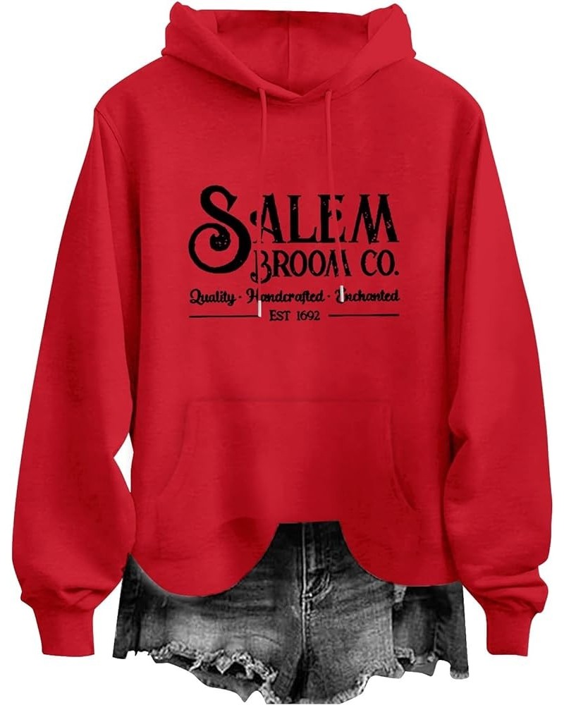 Salem Hoodies for Women Broom Co.quality.. Est 1692 Letter Printed Loose Hooded Sweatshirt Casual Long Red $9.89 Hoodies & Sw...