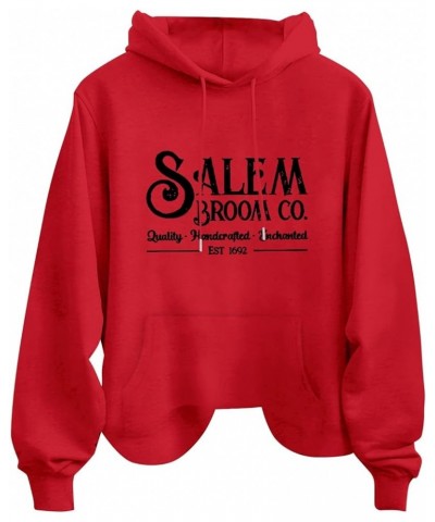 Salem Hoodies for Women Broom Co.quality.. Est 1692 Letter Printed Loose Hooded Sweatshirt Casual Long Red $9.89 Hoodies & Sw...