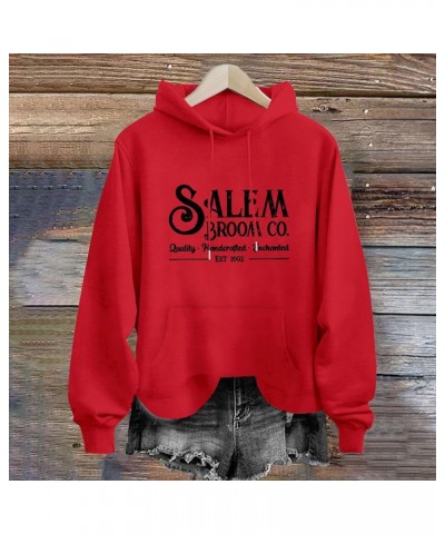 Salem Hoodies for Women Broom Co.quality.. Est 1692 Letter Printed Loose Hooded Sweatshirt Casual Long Red $9.89 Hoodies & Sw...