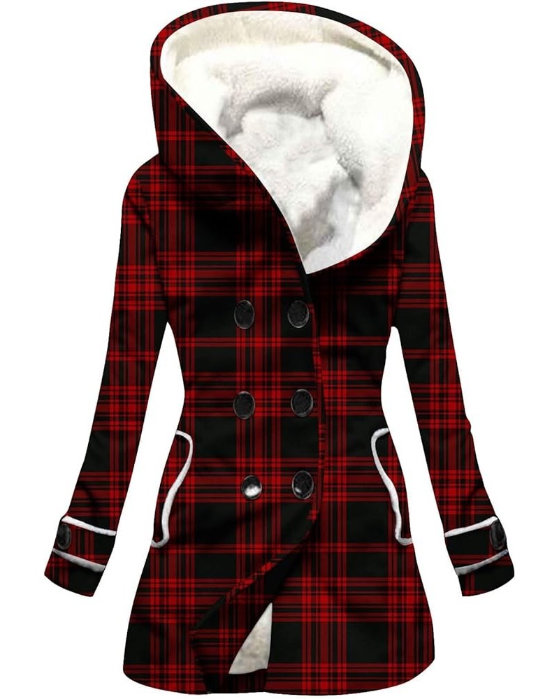 Winter Coats for Women Sherpa Fleece Lined Warm Jacket Plus Size Double Button Thicken Overcoat Print Hooded Outwear 1-red $2...