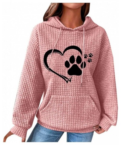 Dog Paw Love Heart Graphic Women's Waffle Hoodies With Pockets Sweatshirt Warm Long Sleeve Pullover Sweater B-pink $10.55 Shirts