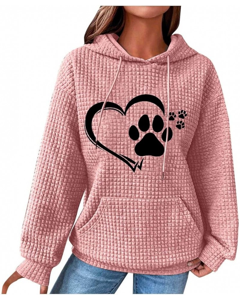 Dog Paw Love Heart Graphic Women's Waffle Hoodies With Pockets Sweatshirt Warm Long Sleeve Pullover Sweater B-pink $10.55 Shirts