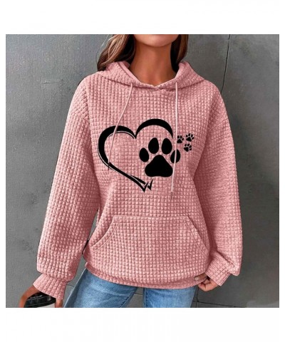 Dog Paw Love Heart Graphic Women's Waffle Hoodies With Pockets Sweatshirt Warm Long Sleeve Pullover Sweater B-pink $10.55 Shirts