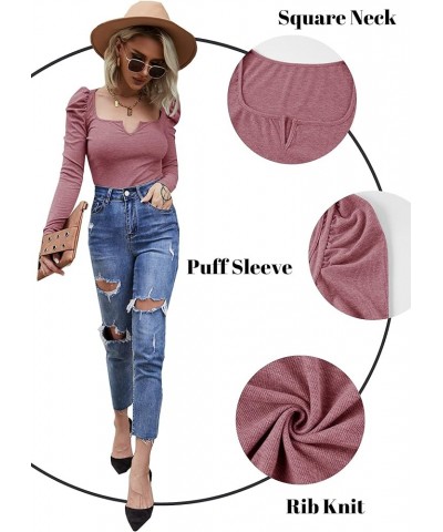 Womens Puff Long Sleeve Top Ribbed Knit Slim T Shirt Square Neck Solid Blouse X-pink $14.49 Blouses