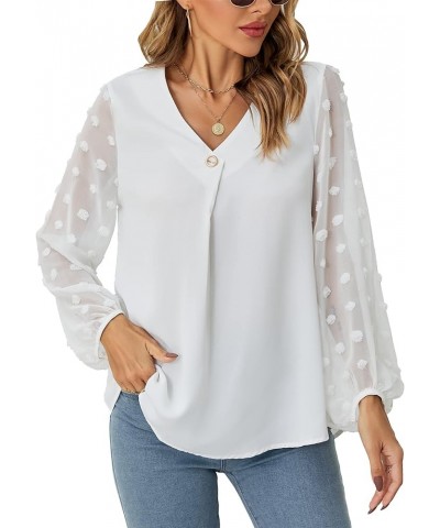 Women V Neck Floral Print Loose Shirt Lightweight Long Sleeve Blouse Tops F-00-white $9.35 Blouses