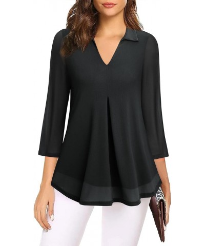 Womens 3/4 Sleeve Mesh Blouses Double Layers Tops Casual V Neck Floral Shirts Black $10.56 Tops