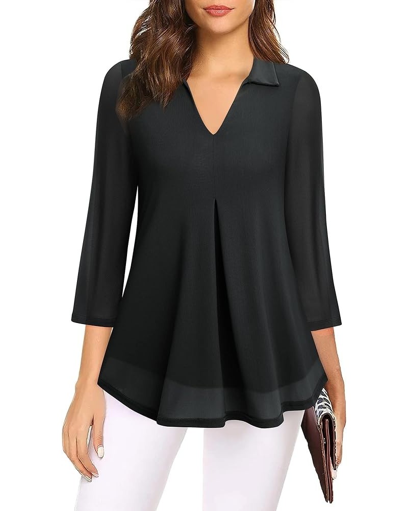 Womens 3/4 Sleeve Mesh Blouses Double Layers Tops Casual V Neck Floral Shirts Black $10.56 Tops