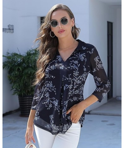 Womens 3/4 Sleeve Mesh Blouses Double Layers Tops Casual V Neck Floral Shirts Black $10.56 Tops