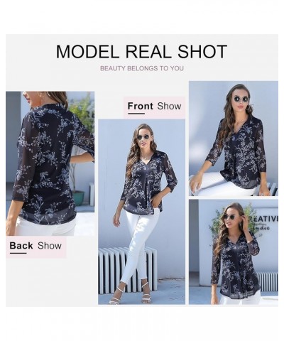 Womens 3/4 Sleeve Mesh Blouses Double Layers Tops Casual V Neck Floral Shirts Black $10.56 Tops