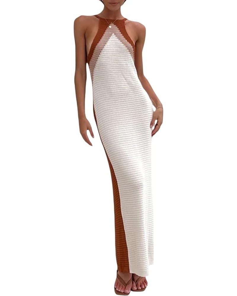 Sexy Knit Bodycon Dress for Women Sleeveless Spaghetti Strap Cut Out Maxi Dress Backless Y2K Summer Beach Dresses Apricot $15...