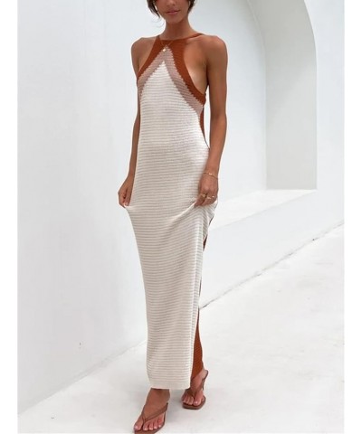 Sexy Knit Bodycon Dress for Women Sleeveless Spaghetti Strap Cut Out Maxi Dress Backless Y2K Summer Beach Dresses Apricot $15...