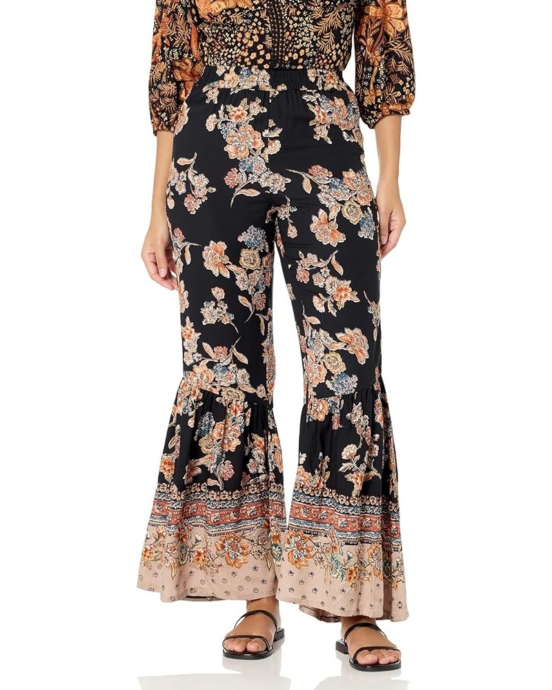 Women's Printed Flare Ruffle Bellbottom Pants Black $29.40 Pants