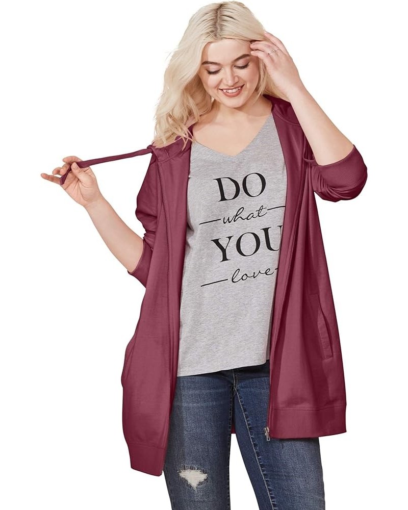 Women's Plus Size Long Zip Front Hoodie French Terry Long Oversized Lightweight Jacket Burgundy Rose $23.19 Hoodies & Sweatsh...