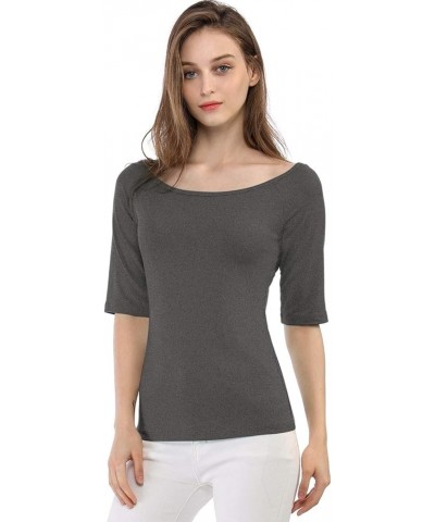 Women's Half Sleeves Scoop Neck Fitted Layering Top Soft T-Shirt Dark Gray $11.40 T-Shirts