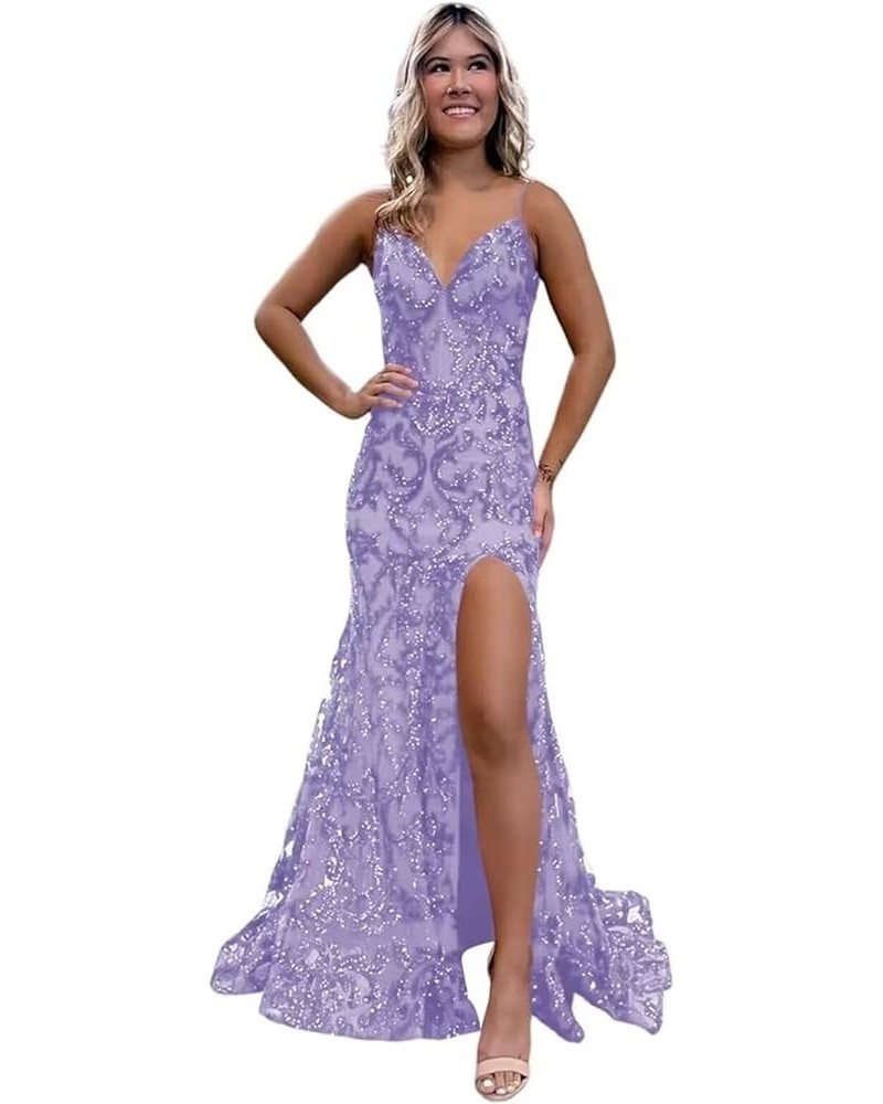 Sparkly Sequin Mermaid Prom Dress Spaghetti Straps Formal Evening Dress with Slit B Lavender $27.95 Dresses