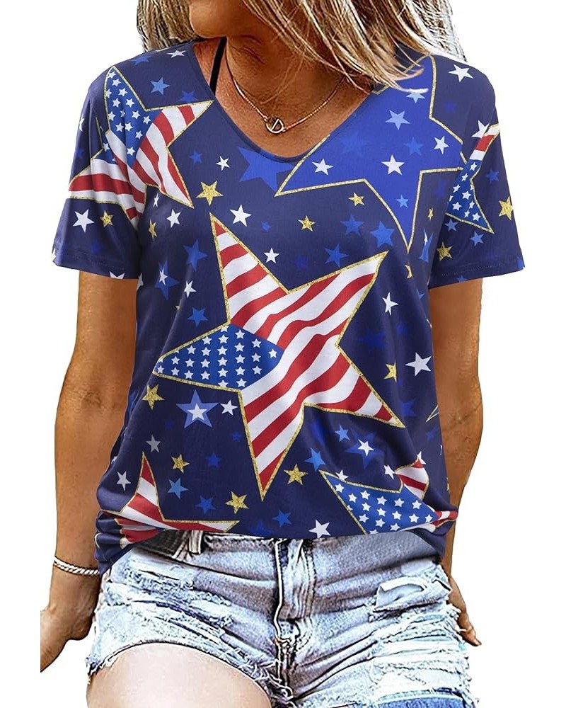 American Flag Shirt Women USA Shirts Trendy Patriotic Tees Casual Red White Blue Graphic Tops Fall Winter V Neck Blouses Blue...