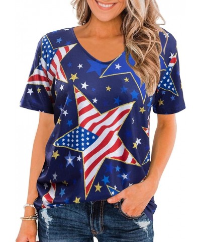 American Flag Shirt Women USA Shirts Trendy Patriotic Tees Casual Red White Blue Graphic Tops Fall Winter V Neck Blouses Blue...