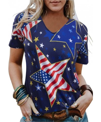 American Flag Shirt Women USA Shirts Trendy Patriotic Tees Casual Red White Blue Graphic Tops Fall Winter V Neck Blouses Blue...