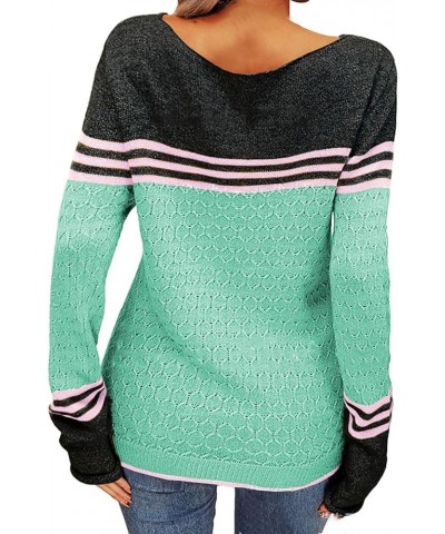 Color Block Sweater for Women Crew Neck Crochet Knitted Pullover Sweater Tunic Loose Casual Long Sleeve Striped Jumper Tops M...