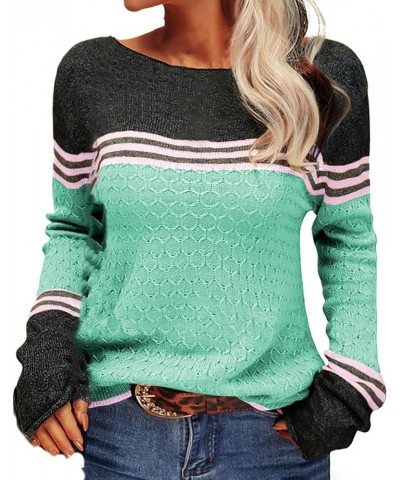 Color Block Sweater for Women Crew Neck Crochet Knitted Pullover Sweater Tunic Loose Casual Long Sleeve Striped Jumper Tops M...