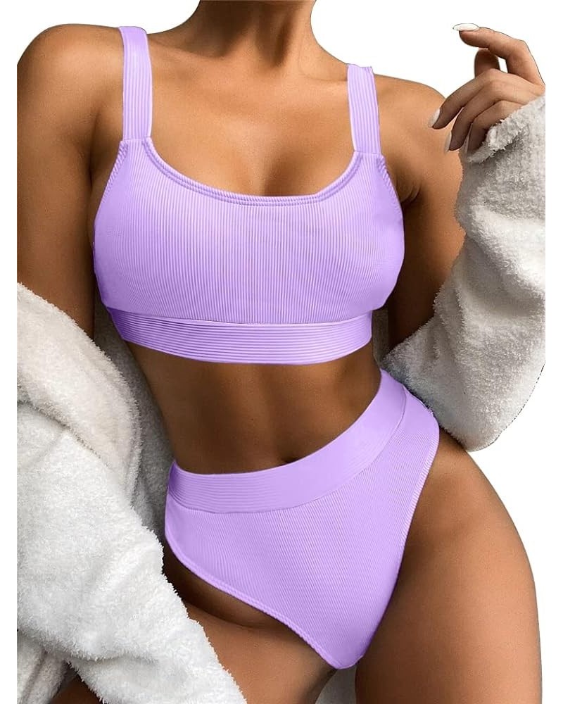 Women Sports High Waisted Swimsuits Two Piece Scoop Neck Crop Top Bikini Cheeky High Cut Ribbed Color Block Bathing Suit Purp...