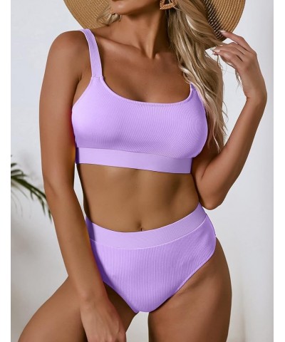 Women Sports High Waisted Swimsuits Two Piece Scoop Neck Crop Top Bikini Cheeky High Cut Ribbed Color Block Bathing Suit Purp...