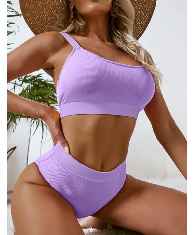 Women Sports High Waisted Swimsuits Two Piece Scoop Neck Crop Top Bikini Cheeky High Cut Ribbed Color Block Bathing Suit Purp...