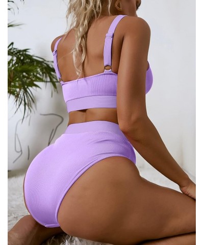 Women Sports High Waisted Swimsuits Two Piece Scoop Neck Crop Top Bikini Cheeky High Cut Ribbed Color Block Bathing Suit Purp...